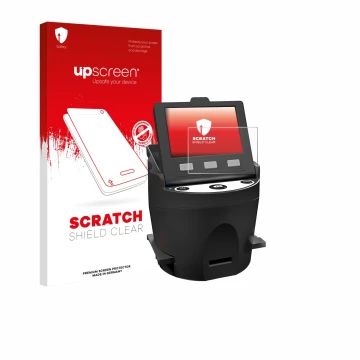 Front side of a product packaging with the brand logo upscreen. Next to it is the device Kodak SCANZA shown with the correspon