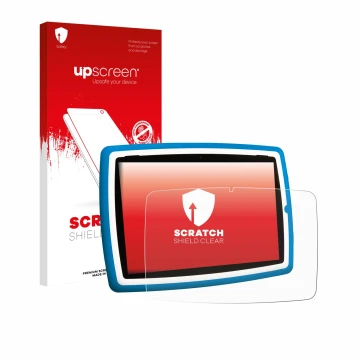 Front side of a product packaging with the brand logo upscreen. Next to it is the device Lisciani Mio Tab 10 Tutor XL shown wi