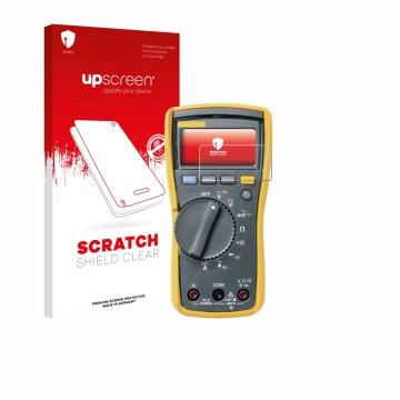 Front side of a product packaging with the brand logo upscreen. Next to it is the device Fluke 115 shown with the correspondin