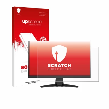 Front side of a product packaging with the brand logo upscreen. Next to it is the device MSI MAG 244F shown with the correspon