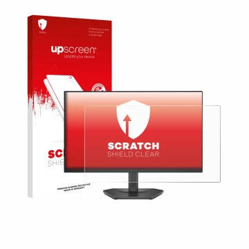 Front side of a product packaging with the brand logo upscreen. Next to it is the device Dell 24 SE2426HG shown with the corre