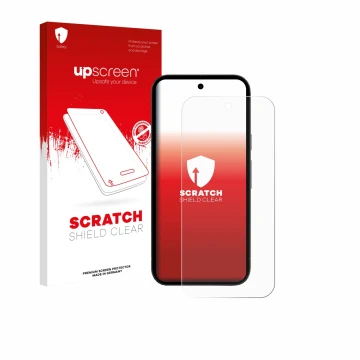 Front side of a product packaging with the brand logo upscreen. Next to it is the device Google Pixel 10a shown with the corre