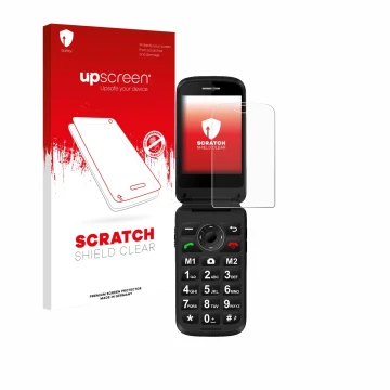 Front side of a product packaging with the brand logo upscreen. Next to it is the device Simvalley Mobile XL-970 shown with th