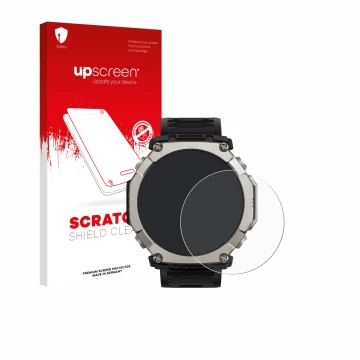 Front side of a product packaging with the brand logo upscreen. Next to it is the device Huami Amazfit T-Rex Ultra 2 shown wit