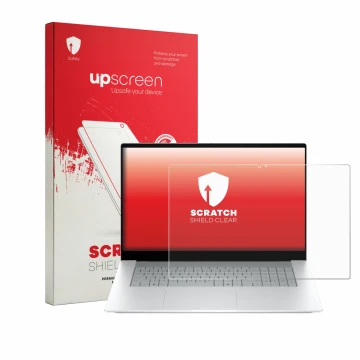 Front side of a product packaging with the brand logo upscreen. Next to it is the device HP OmniBook X 17-de0776ngx shown with