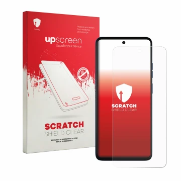 Front side of a product packaging with the brand logo upscreen. Next to it is the device Motorola Moto G57 shown with the corr