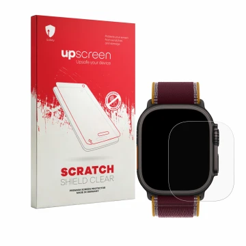 Front side of a product packaging with the brand logo upscreen. Next to it is the device Apple Watch Ultra 4 (49 mm) shown wit