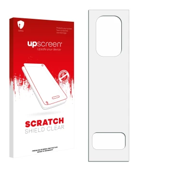 Front side of a product packaging with the brand logo upscreen. Next to it is the corresponding screen protector.