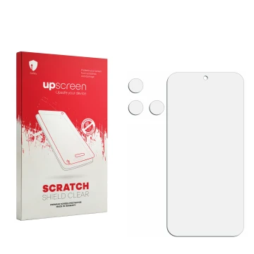Front side of a product packaging with the brand logo upscreen. Next to it is the corresponding screen protector.