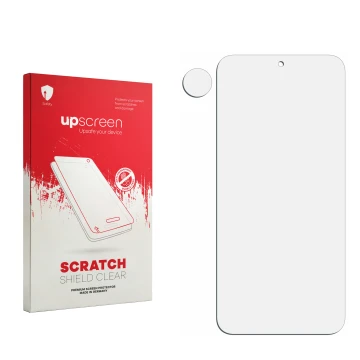 Front side of a product packaging with the brand logo upscreen. Next to it is the corresponding screen protector.