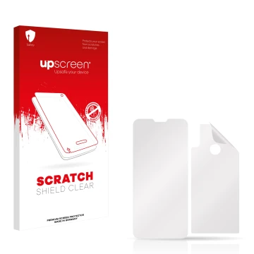 Front side of a product packaging with the brand logo upscreen. Next to it is the corresponding screen protector.