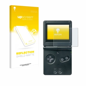 Front side of a product packaging with the brand logo upscreen. Next to it is the device Nintendo Gameboy Advance GBA SP shown
