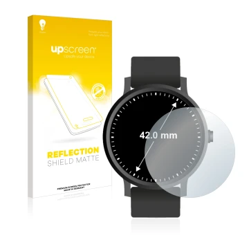 Front side of a product packaging with the brand logo upscreen. Next to it is the device Watches (Circular, ø: 42 mm) shown wi