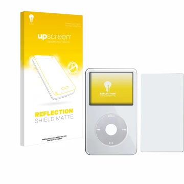 Front side of a product packaging with the brand logo upscreen. Next to it is the device Apple iPod Classic Video (Front+Back)