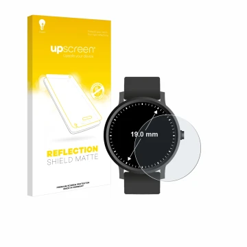 Front side of a product packaging with the brand logo upscreen. Next to it is the device Watches (Circular, ø: 19 mm) shown wi