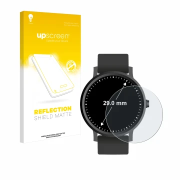 Front side of a product packaging with the brand logo upscreen. Next to it is the device Watches (Circular, ø: 29 mm) shown wi