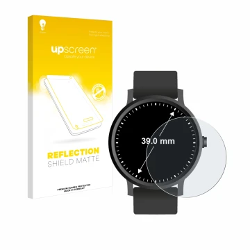 Front side of a product packaging with the brand logo upscreen. Next to it is the device Watches (Circular, ø: 39 mm) shown wi