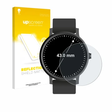 Front side of a product packaging with the brand logo upscreen. Next to it is the device Watches (Circular, ø: 43 mm) shown wi