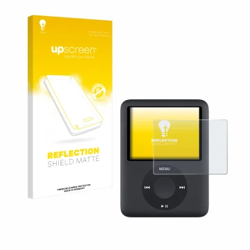 Front side of a product packaging with the brand logo upscreen. Next to it is the device Apple iPod nano (3th Gen.) shown with