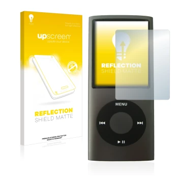 Front side of a product packaging with the brand logo upscreen. Next to it is the device Apple iPod nano (4th Gen.) shown with