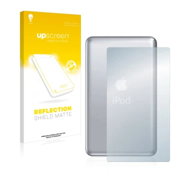 Front side of a product packaging with the brand logo upscreen. Next to it is the device Apple iPod classic 120 GB (Back, 7th 