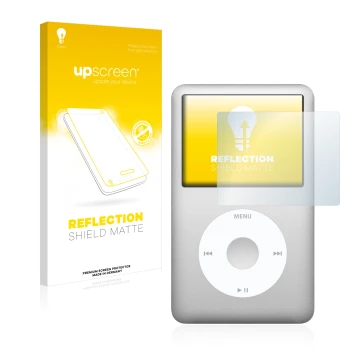 Front side of a product packaging with the brand logo upscreen. Next to it is the device Apple iPod classic 120 GB (7th Gen.) 