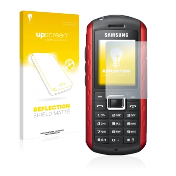 Front side of a product packaging with the brand logo upscreen. Next to it is the device Samsung B2100 shown with the correspo