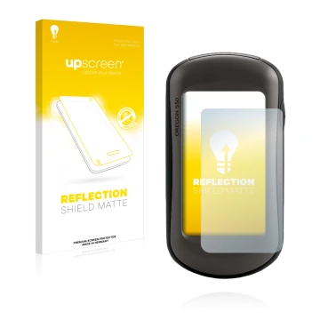 Front side of a product packaging with the brand logo upscreen. Next to it is the device Garmin Oregon 550 shown with the corr