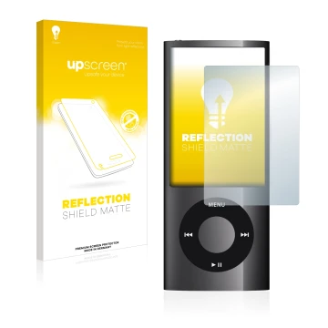 Front side of a product packaging with the brand logo upscreen. Next to it is the device Apple iPod nano 2009 (5th. Gen.) show