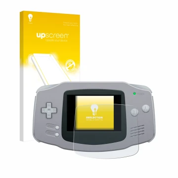 Front side of a product packaging with the brand logo upscreen. Next to it is the device Nintendo Gameboy Advance GBA shown wi