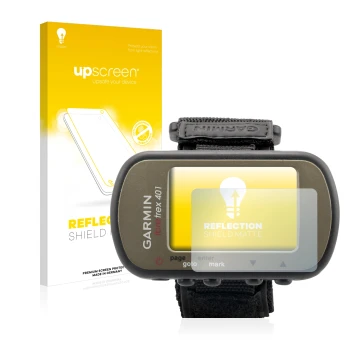 Front side of a product packaging with the brand logo upscreen. Next to it is the device Garmin Foretrex 401 shown with the co