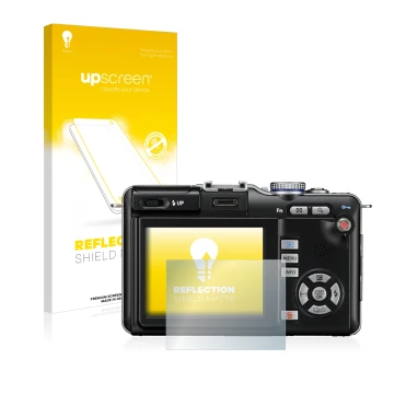 Front side of a product packaging with the brand logo upscreen. Next to it is the device Olympus PEN E-PL1 shown with the corr