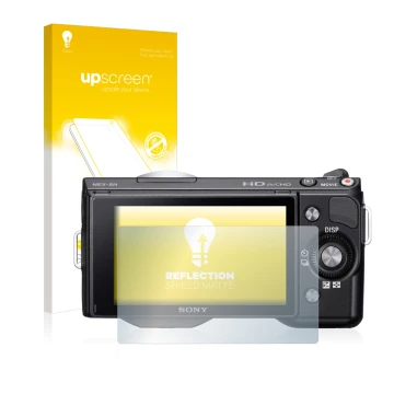 Front side of a product packaging with the brand logo upscreen. Next to it is the device Sony Alpha NEX-5 shown with the corre
