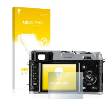 Front side of a product packaging with the brand logo upscreen. Next to it is the device Fujifilm FinePix X100 shown with the 