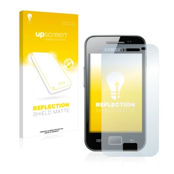 Front side of a product packaging with the brand logo upscreen. Next to it is the device Samsung Galaxy Ace S5830 shown with t