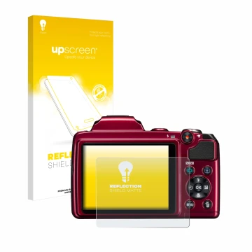 Front side of a product packaging with the brand logo upscreen. Next to it is the device Nikon Coolpix L120 shown with the cor