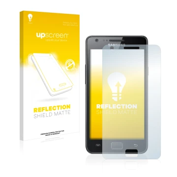 Front side of a product packaging with the brand logo upscreen. Next to it is the device Samsung Galaxy S2 shown with the corr