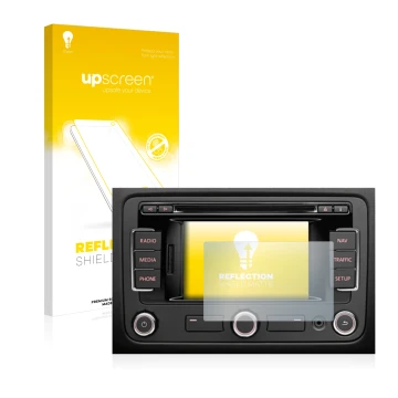 Front side of a product packaging with the brand logo upscreen. Next to it is the device Volkswagen Passat B7 2010-2015 RNS 31