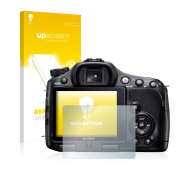 Front side of a product packaging with the brand logo upscreen. Next to it is the device Sony Alpha 65V (SLT-A65V) shown with 