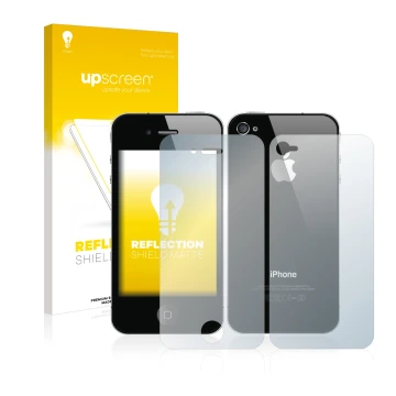 Front side of a product packaging with the brand logo upscreen. Next to it is the device Apple iPhone 4S (Front+Back) shown wi