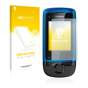 Front side of a product packaging with the brand logo upscreen. Next to it is the device Nokia C2-05 shown with the correspond