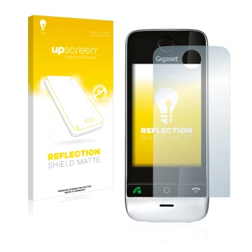 Front side of a product packaging with the brand logo upscreen. Next to it is the device Gigaset SL910 (circular cutout) shown