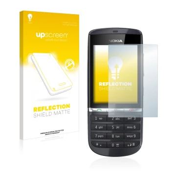 Front side of a product packaging with the brand logo upscreen. Next to it is the device Nokia Asha 300 shown with the corresp