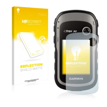 Front side of a product packaging with the brand logo upscreen. Next to it is the device Garmin eTrex 30 shown with the corres