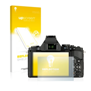 Front side of a product packaging with the brand logo upscreen. Next to it is the device Olympus OM-D E-M5 shown with the corr