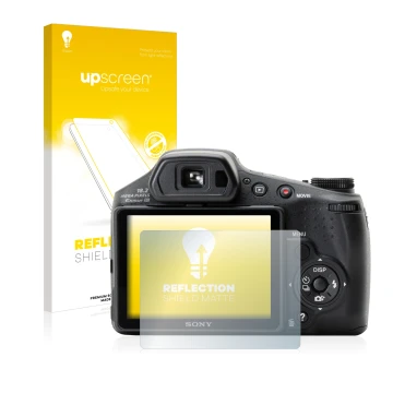 Front side of a product packaging with the brand logo upscreen. Next to it is the device Sony Cyber-Shot DSC-HX200V shown with