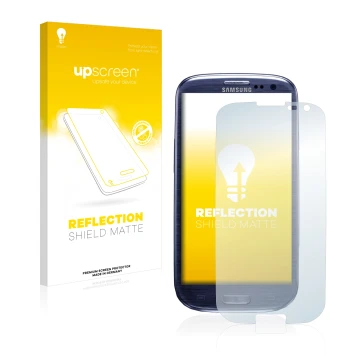 Front side of a product packaging with the brand logo upscreen. Next to it is the device Samsung Galaxy S3 I9300 shown with th