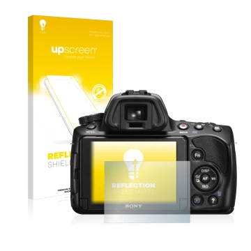 Front side of a product packaging with the brand logo upscreen. Next to it is the device Sony Alpha 37 (SLT-A37) shown with th