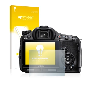 Front side of a product packaging with the brand logo upscreen. Next to it is the device Sony Alpha 57 (SLT-A57) shown with th