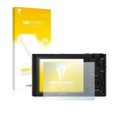 Front side of a product packaging with the brand logo upscreen. Next to it is the device Sony Cyber-Shot DSC-RX100 shown with 